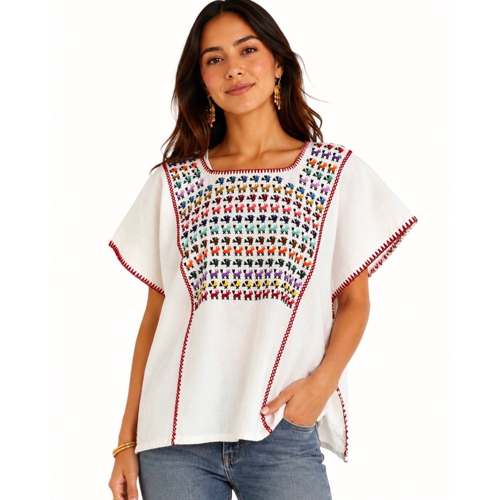 Handmade Mexican Huipil Top Embroidered Animal Bird One Size Boho Folk Artisanal